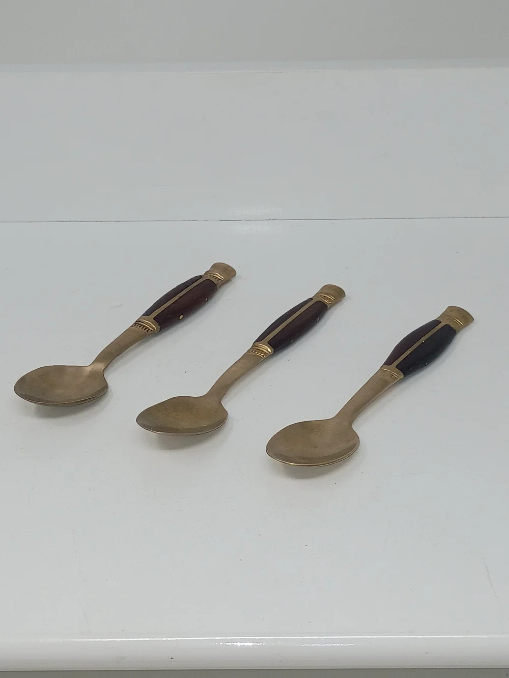 Vintage 1960's Thailand Brass Dessert Spoons with Brown Teak Wood Handles
